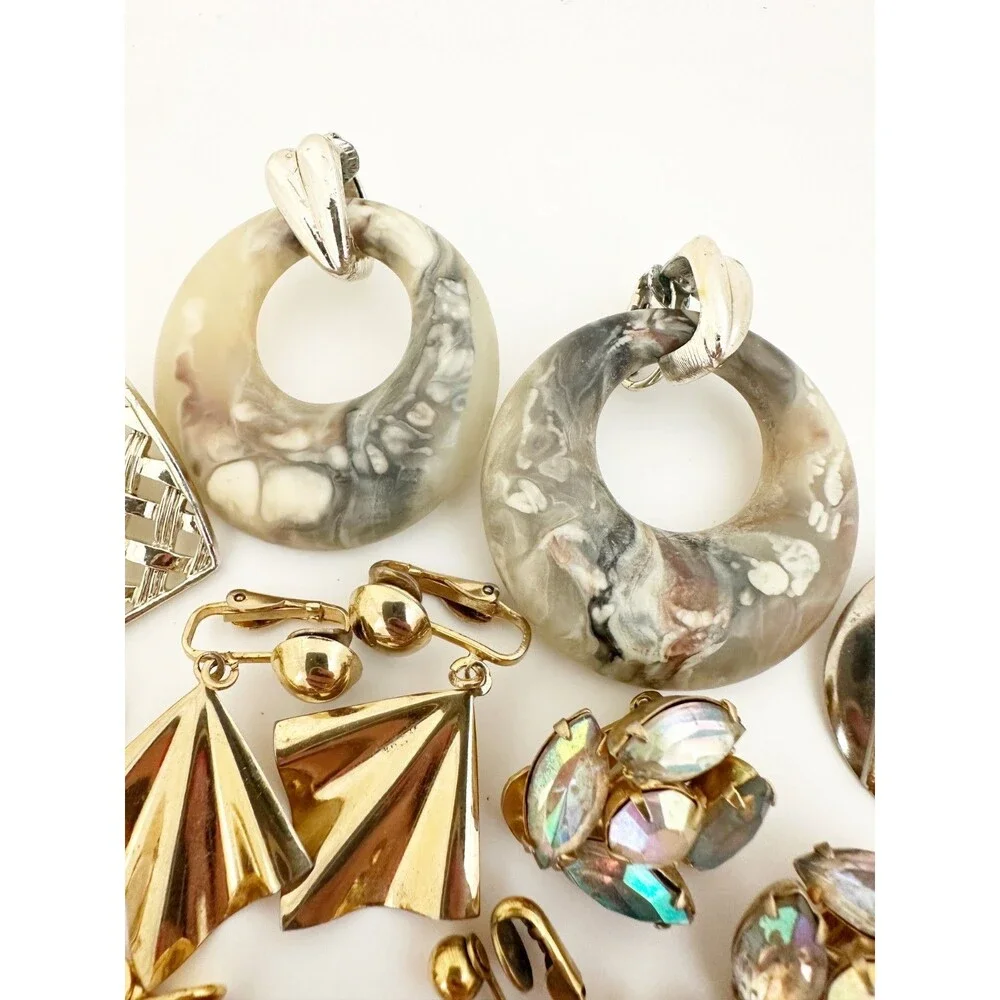 Vintage Gold Tone Clip On Earring Lot 9 pair AB Rhinestone Sarah Cov Monet